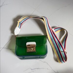 Chic Green Crossbody Bag with Rainbow Strap